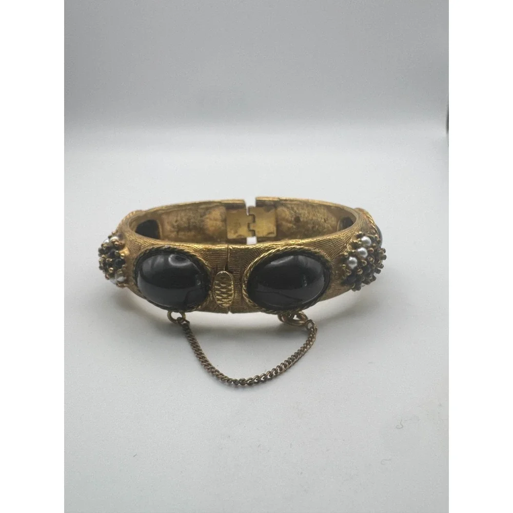 Vintage Original by Robert Bracelet Gold Tone Black Cabochon Clamper Cuff